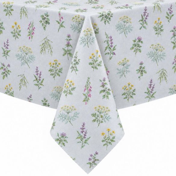 Gecoat tafellinnen Renoir met een lichtgrijze achtergrond en een kleurrijk patroon van diverse veldbloemen en groene planten over het hele oppervlak.