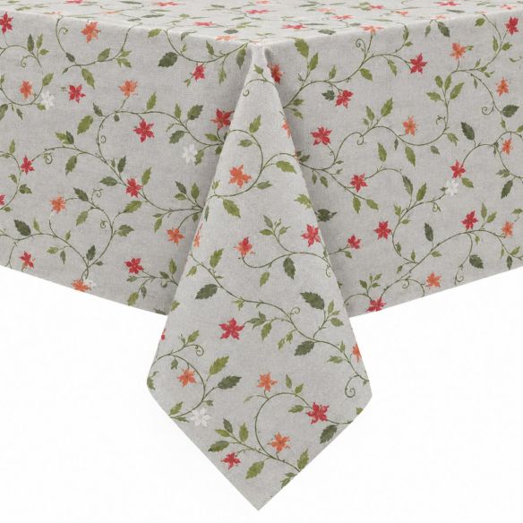 Gecoat tafellinnen Manet met een grijs oppervlak, versierd met een elegant patroon van ranken, groene bladeren en kleine rode en witte bloemen.