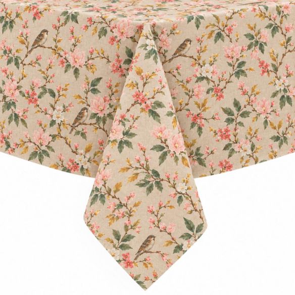 Gecoat tafellinnen Life met een beige achtergrond, bedrukt met roze bloesemtakken en kleine vogeltjes, elegant gedrapeerd over een tafelrand.