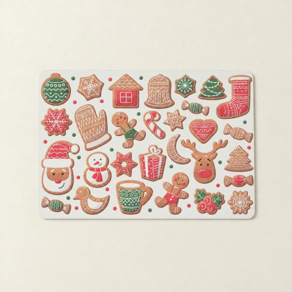 Rechthoekige Placemat Kerst Koekjes met een vrolijk patroon van diverse kerstvormige koekjes in rood, groen en bruin op een lichte achtergrond.