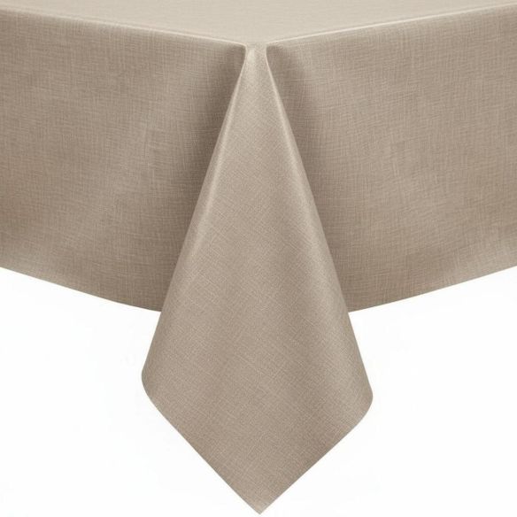 Tafelkleed Linnenlook Sand B-keus met een zandkleurige textuur, strak over een tafel gedrapeerd voor een natuurlijke en rustige uitstraling.