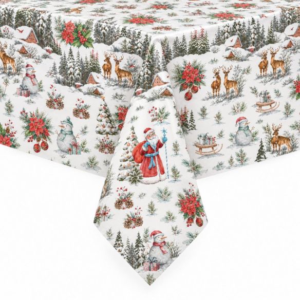 Tafelzeil Christmas Wonderland met een wit kerstpatroon van de Kerstman, sneeuwpoppen, herten, dennenbomen en kerststerren over een tafel gedrapeerd.