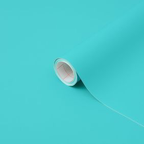 Volle rol plakfolie in uni turquoise mat, 45cm breed en 15m lang, geschikt voor tafelbescherming.
