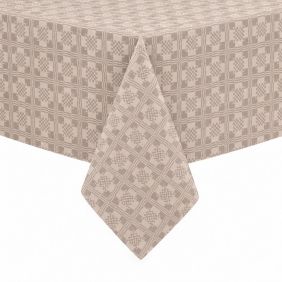 Tafelzeil Damast Beige met een klassiek geweven ruitpatroon, gedrapeerd over een tafelblad voor een strakke presentatie van het beige tafelkleed.