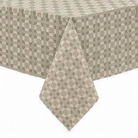 Tafelzeil Damast Groen met een klassiek geblokt patroon in groen en beige, elegant gedrapeerd over de hoek van een tafel voor een stijlvolle look.