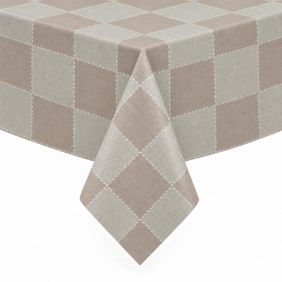 Tafelzeil Weaver Taupe met een beige en taupekleurig ruitpatroon en witte stikseldetails, strak over een hoek van een tafel gedrapeerd.