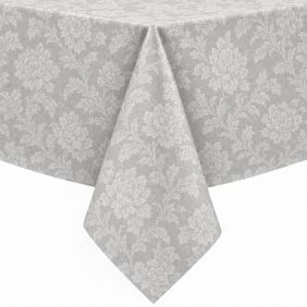 Gecoat tafellinnen Carducho in lichtgrijs met bloemmotief, geschikt voor tafels.