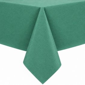 Gecoat tafellinnen Dali Mint, een effen groen tafelkleed met een fijne textuur, strak gedrapeerd over een tafelblad voor een nette uitstraling.