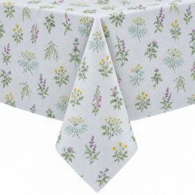 Gecoat tafellinnen Renoir met een lichtgrijze achtergrond en een kleurrijk patroon van diverse veldbloemen en groene planten over het hele oppervlak.