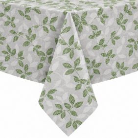 Gecoat tafellinnen Green Leaves met een grijs patroon van groene bladeren, strak gedrapeerd over de hoek van een rechthoekige tafel voor presentatie.