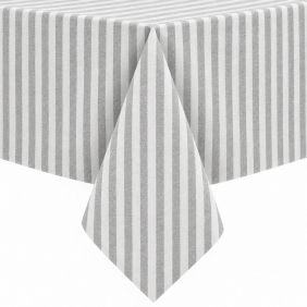 Gecoat tafellinnen Salas in grijs met een verticaal gestreept patroon, strak over een tafel gedrapeerd voor een nette en moderne uitstraling.