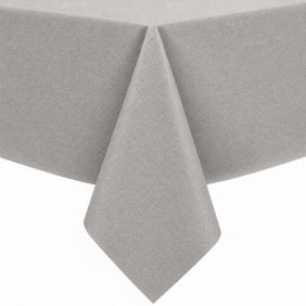 Gecoat tafellinnen Roa in een effen grijze kleur met een subtiele textuur, elegant gedrapeerd over de hoek van een tafel voor een strakke uitstraling.