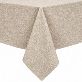 Gecoat tafellinnen Ribalta in beige met een subtiel wit blaadjespatroon, strak gedrapeerd over een tafel voor een nette en verzorgde uitstraling.