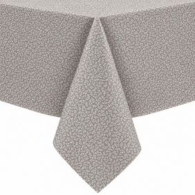 Gecoat tafellinnen Ribalta Grijs met een fijn wit bloemetjespatroon, strak gedrapeerd over de hoek van een tafel voor een nette presentatie.