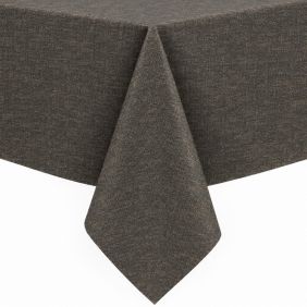 Gecoat tafellinnen Murillo in een donkerbruine kleur met een subtiele textuur, strak over een hoek gedrapeerd voor een nette presentatie op tafel.