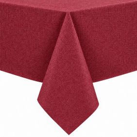 Gecoat tafellinnen Murillo in kersenrood met een fijne textuur, over de hoek van een tafel gedrapeerd voor een strakke en elegante uitstraling.