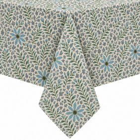 Gecoat tafellinnen in blauw met een digitaal geprint bloemenpatroon, ideaal voor tafelbescherming.