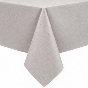 Gecoat tafellinnen Roa in een lichtgrijze kleur met een subtiel gespikkeld patroon, strak over een tafel gedrapeerd voor een nette uitstraling.