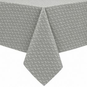 Gecoat tafellinnen Munch in zilverkleur met een subtiel, herhalend patroon van kleine boogjes, strak gedrapeerd over de hoek van een tafel.
