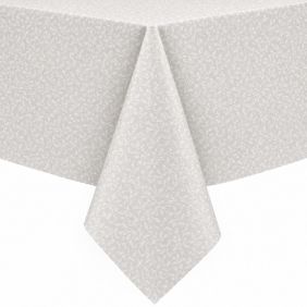 Wit gecoat tafellinnen Ribalta met een subtiel bladerpatroon, elegant gedrapeerd over een tafel voor een stijlvolle en beschermende uitstraling.
