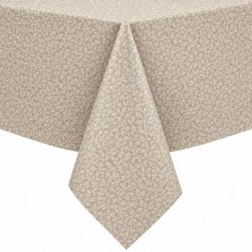 Gecoat tafellinnen Ribalta in beige met een fijn bloemmotief, strak over een tafel gedrapeerd voor een nette uitstraling in het interieur.