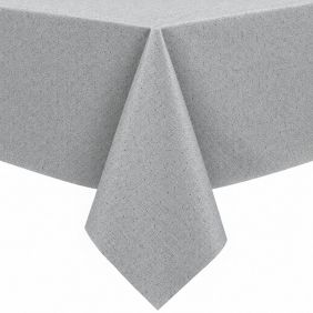 Gecoat Tafelkleed Roa in lichtgrijs met een subtiel gespikkeld patroon, strak gedrapeerd over een hoek van een tafel voor een moderne uitstraling.