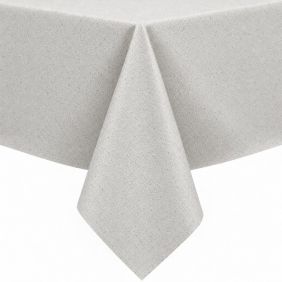 Gecoat tafelkleed Roa in een crèmekleurige tint met een subtiele textuur, elegant gedrapeerd over de hoek van een tafel voor een strakke uitstraling.