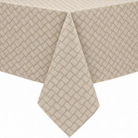 Gecoat tafelkleed Raster Beige met een subtiel geweven patroon in zachte beige tinten, elegant gedrapeerd over een tafel voor een stijlvolle look.