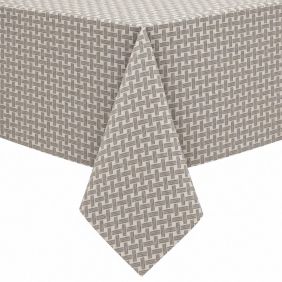 Gecoat tafelkleed Raster Grijs met een grijs geweven patroon, elegant gedrapeerd over de hoek van een tafel voor een strakke uitstraling.