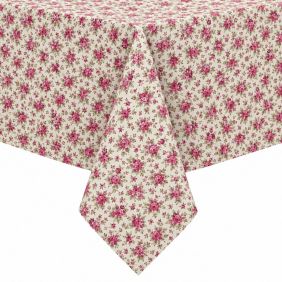 Gecoat tafellinnen in rood met een bloemmotief, geschikt voor tafels, biedt bescherming en stijl.