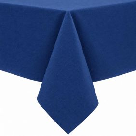 Gecoat tafellinnen in een effen navy blauwe kleur, strak over een tafel gedrapeerd met een zichtbare hoek en een gladde, matte textuur.