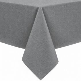 Gecoat tafellinnen in een effen grijze kleur, strak over een tafel gedrapeerd voor een nette uitstraling in een modern interieur.
