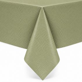 Tafelzeil Polyline Zafiro Mos in een zachtgroene kleur met een fijn, gestructureerd ruitpatroon, strak gedrapeerd over een hoek van een tafel.