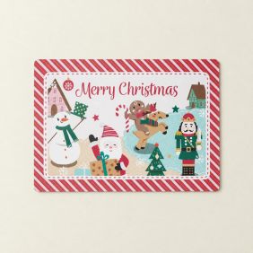 Kerstkind placemat met vrolijke afbeeldingen van kerstfiguren en een feestelijke Merry Christmas tekst.