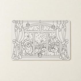 Placemat met kleurplaat van een rendier en kerstfiguren, geschikt voor kinderen, met een speelse en feestelijke uitstraling.