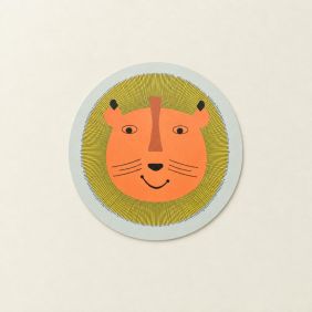 Ronde placemat met een kleurrijke leeuw, oranje en gele tinten, geschikt voor tafelgebruik.