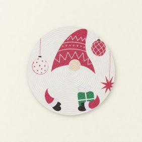Ronde kerstplacemat met kabouter, cadeau en kerstballen in roze en wit.