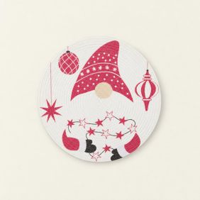 Ronde kerstplacemat met een kabouter en lampjes in roze en wit, perfect voor feestelijke tafels.