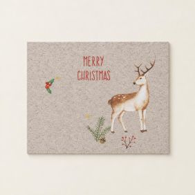 Beige kerst placemat met rendier en kerstversieringen, ideaal voor feestelijke tafels.