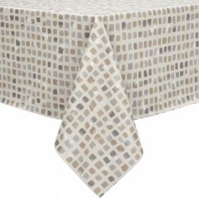 Tafelzeil met molton rug in beige, met een patroon van vierkante blokken in verschillende tinten.