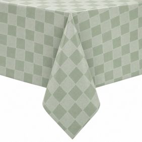 Tafelzeil Met Molton Rug Weaver Groen met een lichtgroen en donkergroen geblokt patroon, strak gedrapeerd over een tafelblad voor een nette look.