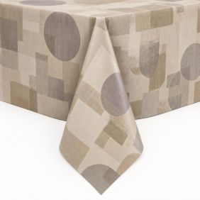 Tafelzeil Met Molton Rug Gobi Beige met een abstract geometrisch patroon van cirkels en vierkanten in beige en grijstinten, strak over een tafel.