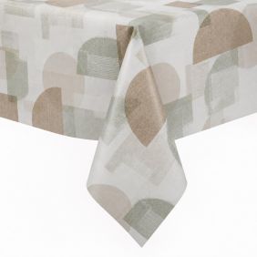 Tafelzeil Met Molton Rug Gobi in groen en bruin met een abstract geometrisch patroon van cirkels en vierkanten, gedrapeerd over een tafelrand.