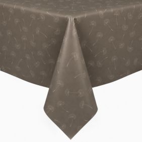 Bruin tafelzeil met molton rug en een subtiel patroon van witte paardenbloemen, elegant gedrapeerd over de hoek van een tafel voor een strak effect.