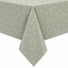 Groen tafelzeil met molton rug en een wit patroon van paardenbloemen, strak over een tafel gedrapeerd voor een nette en beschermende uitstraling.