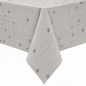 Grijs tafelzeil met molton rug en een modern geometrisch patroon van lijnen en vierkanten, strak gedrapeerd over een hoek van een tafel.
