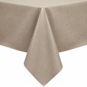 Tafelkleed Linnenlook Sand B-keus met een zandkleurige textuur, strak over een tafel gedrapeerd voor een natuurlijke en rustige uitstraling.