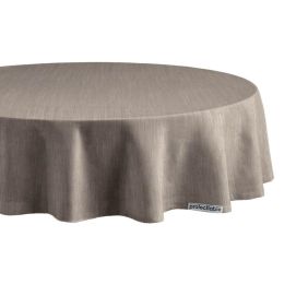 Rond tafelzeil met linnenlook in zandkleur, soepel gedrapeerd over een tafel, voorzien van een klein wit label met de merknaam protecttable.