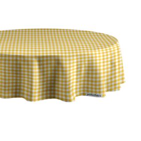 Rond geel tafelzeil met een klein ruitpatroon, gedrapeerd over een tafel, met een diameter van 138 cm en een zichtbaar merklabel aan de zijkant.