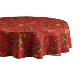 Rond rood tafelzeil met kerstmotieven zoals sterren, strikken, kerstballen en bloemen, geschikt voor een feestelijke tafeldecoratie tijdens kerst.